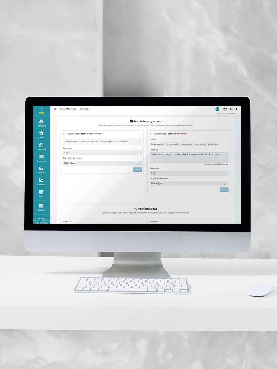 Caracteristica Notificări Pacient din modulul software SmileSIM Clinică Notificări Pacient caracteristica aplicației software