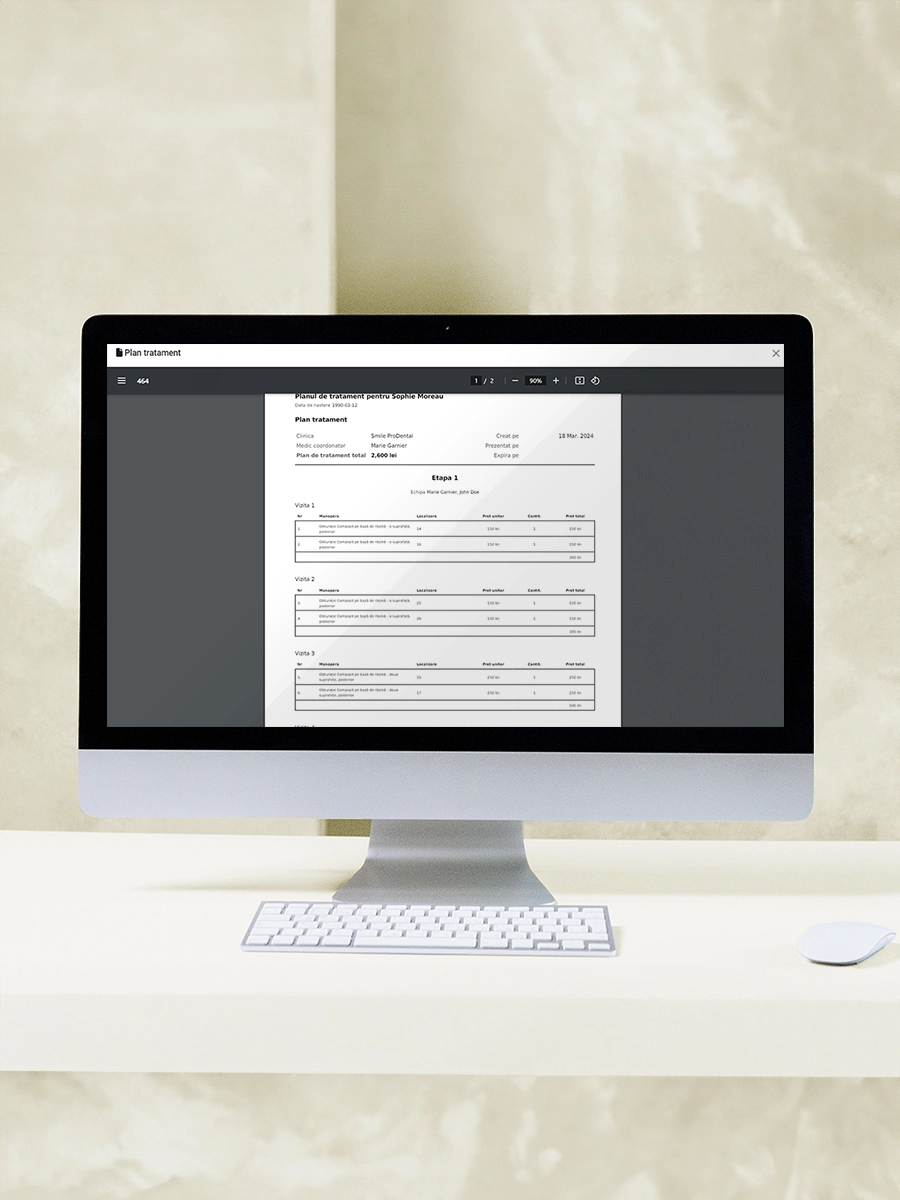 Caracteristica Printare și Partajare Plan din modulul software SmileSIM Plan de Tratament Printare și Partajare Plan caracteristica aplicației software