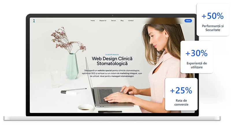 Femeie folosind laptop cu website premium pentru clinici stomatologice, optimizat pentru performanță.